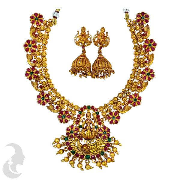 Short Necklace- Orange Gold- Lakshmi Design- Ruby & Green Color Stones- Jhumkas, Product Code: V-1664