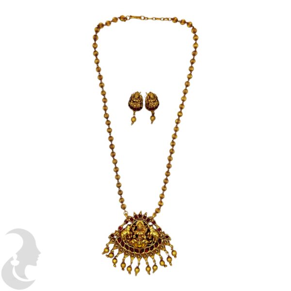 Mid length Necklace- Lakshmi & Elephant Design- Ruby Color Stones- Studs, Product Code: V-1665