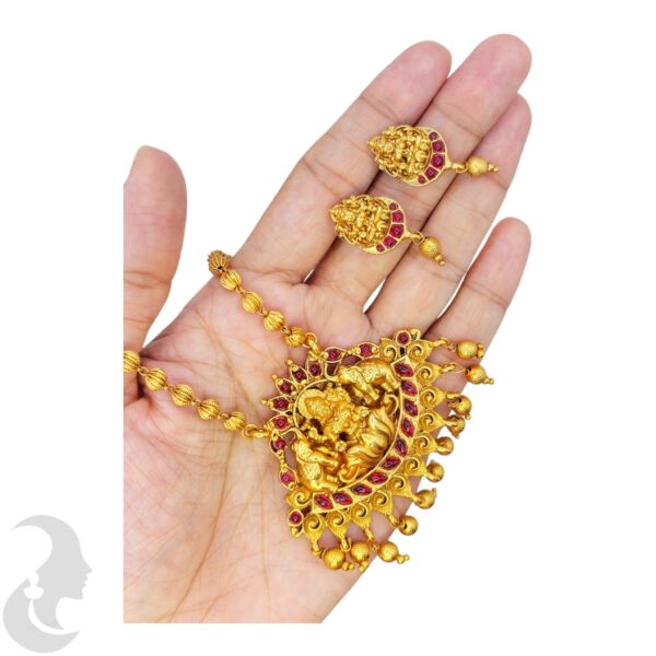 Mid length Necklace- Lakshmi & Elephant Design- Ruby Color Stones- Studs, Product Code: V-1665 - Image 2