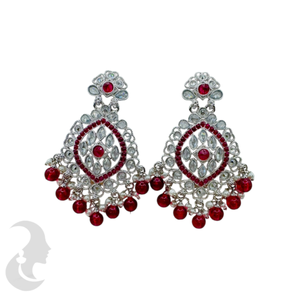 Trendy Silver Earrings- Dark Pink-Plain Stones & Hangings, Product Code: V-1807