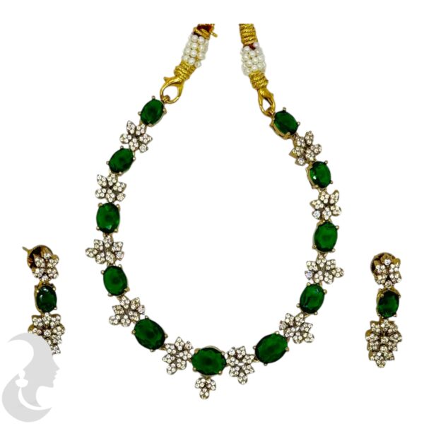 Premium AD- Gold Necklace- Flower Design- AD & Green Color Stones- Studs, Product Code: V-1675