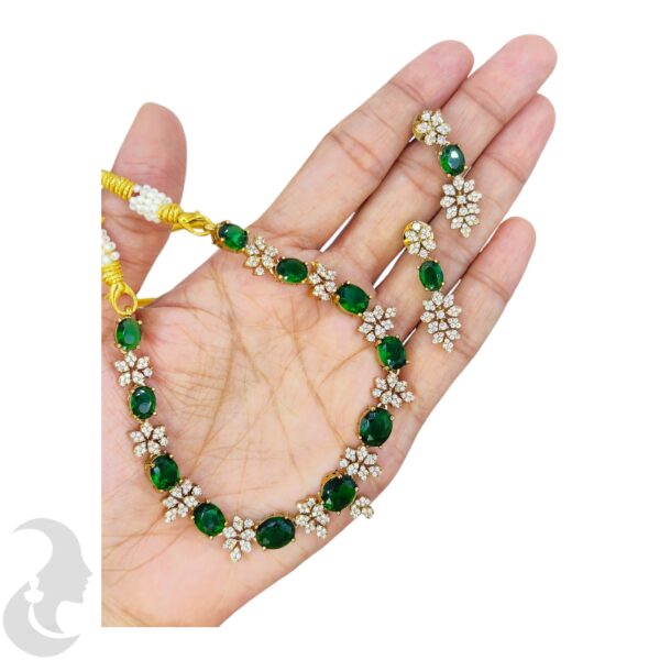 Premium AD- Gold Necklace- Flower Design- AD & Green Color Stones- Studs, Product Code: V-1675 - Image 2