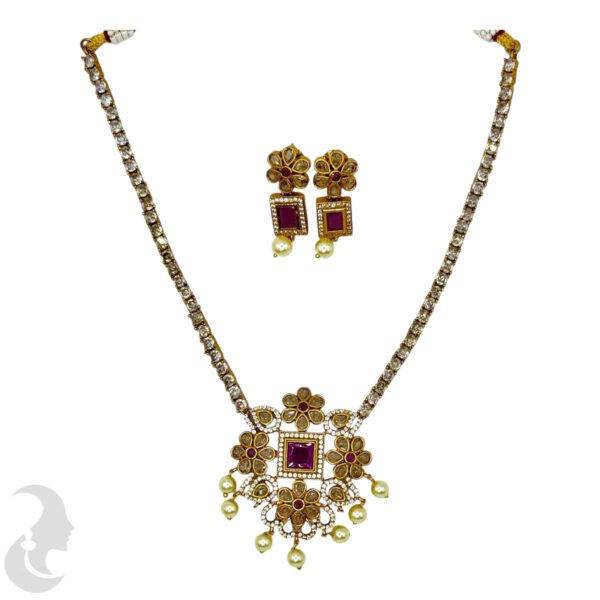 Premium AD- Gold Necklace- Flower Design- AD & Ruby Color Stones- Studs, Product Code: V-1678