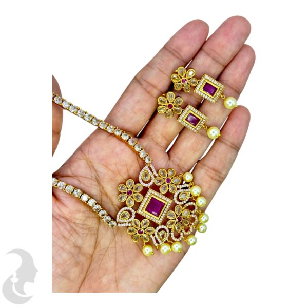 Premium AD- Gold Necklace- Flower Design- AD & Ruby Color Stones- Studs, Product Code: V-1678 - Image 2