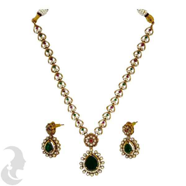 Premium AD- Gold Necklace- Heart Design Necklace- Green Color Gopi Pendant- AD, Pink & Green Color Stones- Studs, Product Code: V-1680