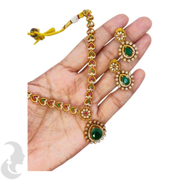 Premium AD- Gold Necklace- Heart Design Necklace- Green Color Gopi Pendant- AD, Pink & Green Color Stones- Studs, Product Code: V-1680 - Image 2