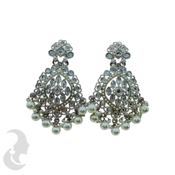 Trendy Silver Earrings- White -Plain Stones & Hangings, Product Code: V-1808