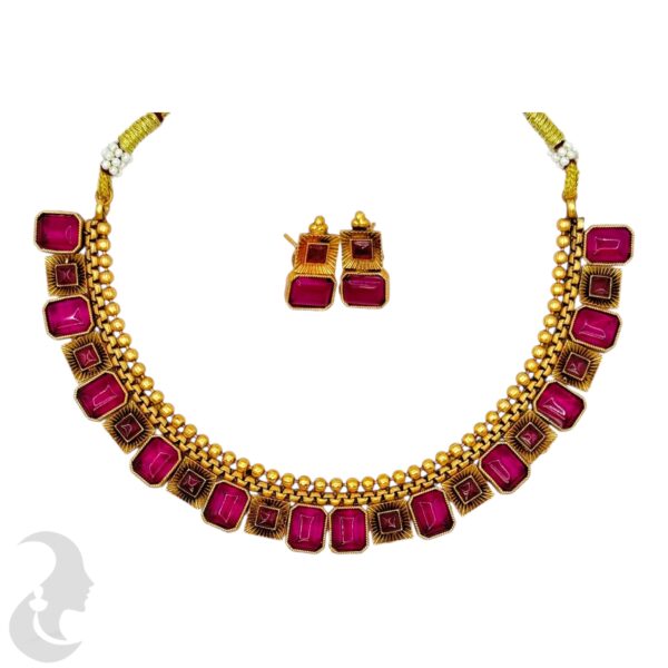 Short Necklace- Gold Necklace- Pink Color Stones- Studs, Product Code: V-1684