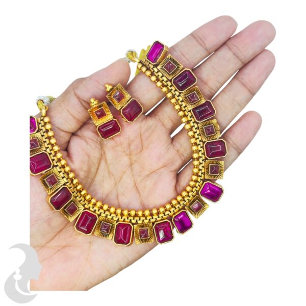 Short Necklace- Gold Necklace- Pink Color Stones- Studs, Product Code: V-1684 - Image 2