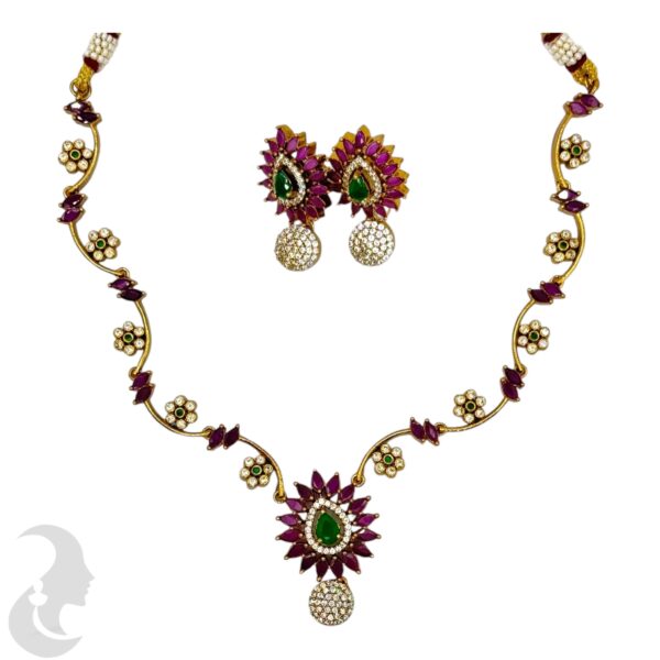 Premium AD- Flower Design Necklace- Pink & Green Color Stones- Studs, Product Code: V-1685