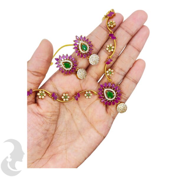 Premium AD- Flower Design Necklace- Pink & Green Color Stones- Studs, Product Code: V-1685 - Image 2