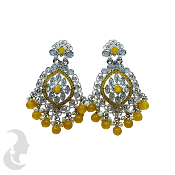 Trendy Silver Earrings- Yellow -Plain Stones & Hangings, Product Code: V-1809