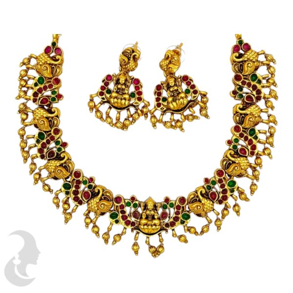 Matte Finish Black Gold Necklace- Peacock & Lakshmi- Green & Red Color Stones- Lakshmi Studs, Product Code: V-1699