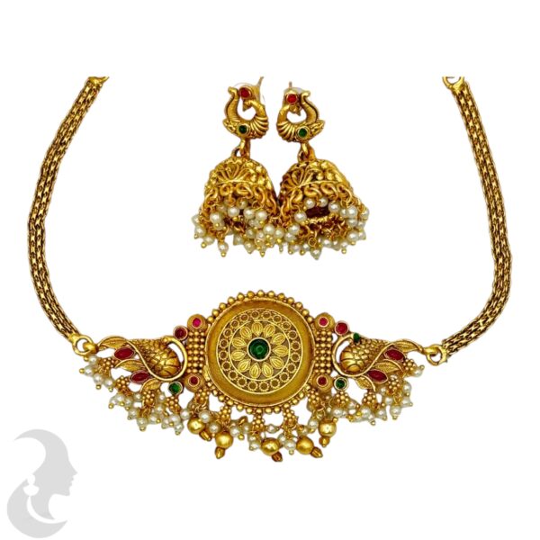 Peacock Design Choker- With Green & Red Color Stones- Jhumkas, Product Code: V-1700