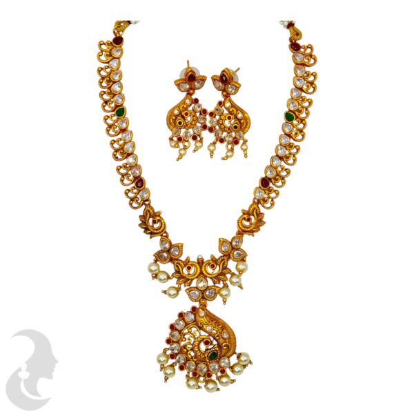 Orange Gold Necklace- Peacock Design- Ruby & Green Stones- Studs, Product Code: V-1702