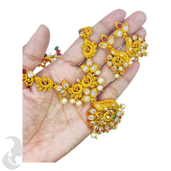 Orange Gold Necklace- Peacock Design- Ruby & Green Stones- Studs, Product Code: V-1702 - Image 2