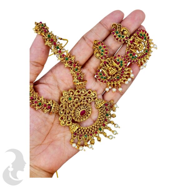 Matte Finish Black Gold Necklace- Flower Design- Ruby & Green Color Stones- Lakshmi Studs, Product Code: V-1708 - Image 2