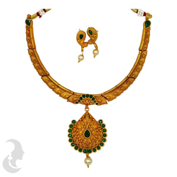 Short Necklace- Orange Gold- Gopi Design Pendant- Green Color Stones- Studs, Product Code: V-1709