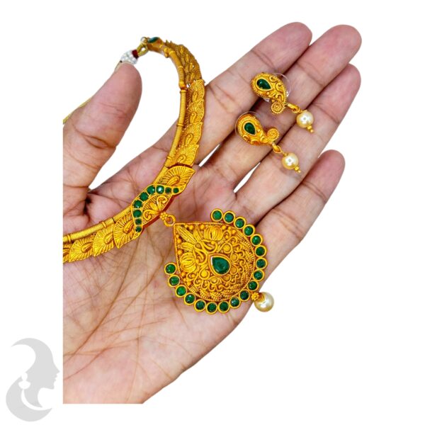 Short Necklace- Orange Gold- Gopi Design Pendant- Green Color Stones- Studs, Product Code: V-1709 - Image 2