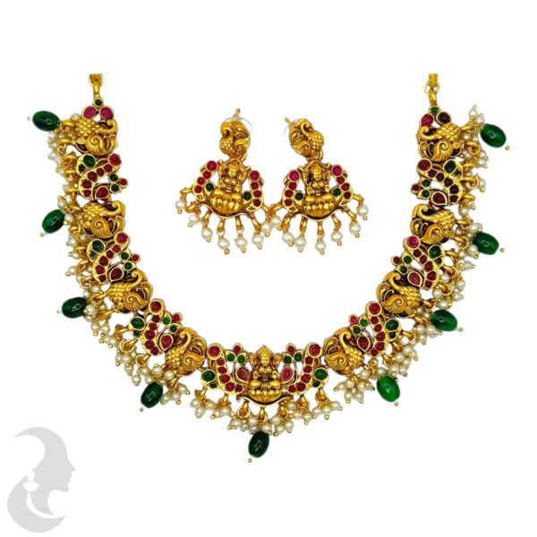 Short Necklace- Peacock & Lakshmi Design- Green & Ruby Color Stones- With Lakshmi Studs, Product Code: V-1712