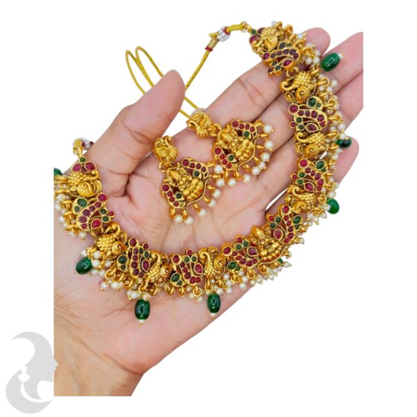 Short Necklace- Peacock & Lakshmi Design- Green & Ruby Color Stones- With Lakshmi Studs, Product Code: V-1712 - Image 2