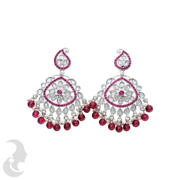 Trendy Silver Earrings- Mango Design- Dark Pink & White Color Stones & Hangings, Product Code: V-1811