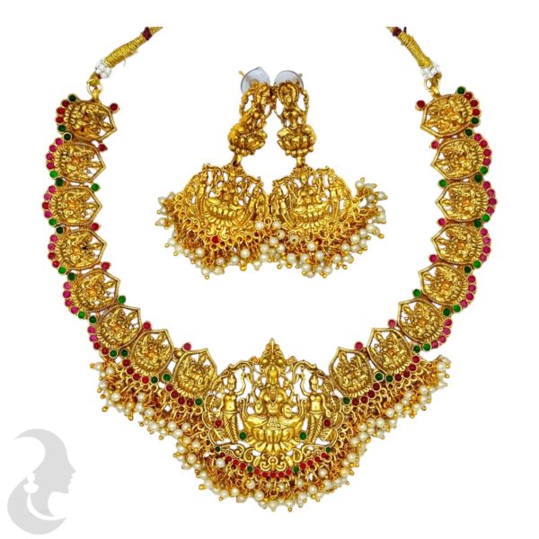 Guttapusalu Lakshmi Necklace- Red & Green Color Stones- Hanging Studs, Product Code: V-1713