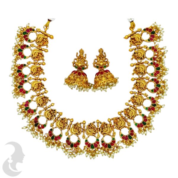 Peacock Design Necklace- Ruby & Green Color Stones- Lakshmi Jhumkas, Product Code: V-1715