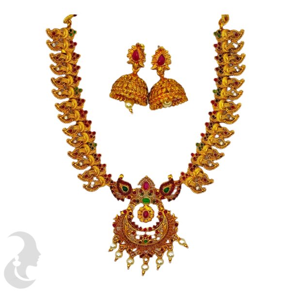 Orange Gold Necklace- Mango Design- Red, Green & AD Stones- Jhumkas, Product Code: V-1716