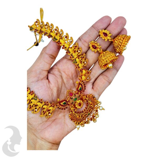 Orange Gold Necklace- Mango Design- Red, Green & AD Stones- Jhumkas, Product Code: V-1716 - Image 2