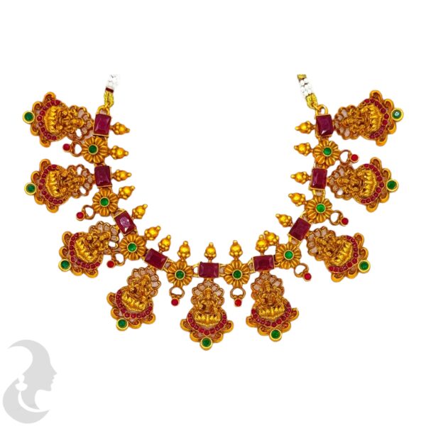 Matte Finish Orange Black Gold Necklace- Red & Green Color- Lakshmi Design, Product Code: V-1717