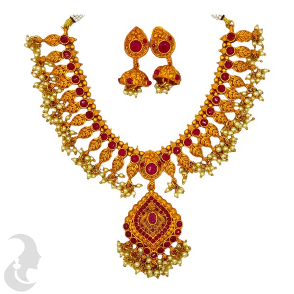 Orange Gold Necklace- Leaf Design- Ruby Color Beads- With Jhumkas, Product Code: V-1718