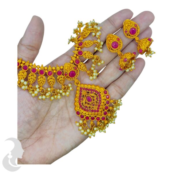 Orange Gold Necklace- Leaf Design- Ruby Color Beads- With Jhumkas, Product Code: V-1718 - Image 2