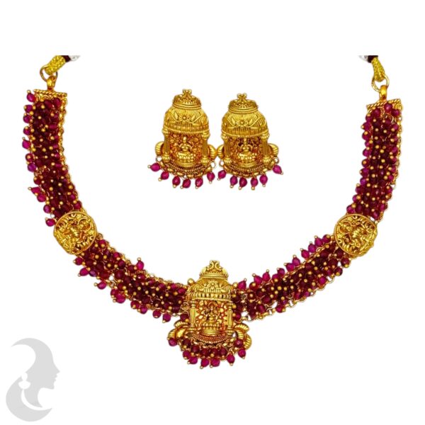 Lakshmi Design Necklace- Ruby Color Beads- With Lakshmi Studs, Product Code: V-1719