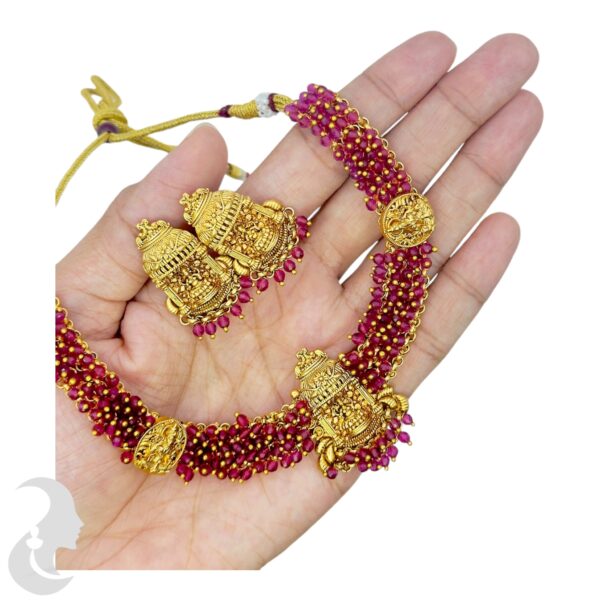 Lakshmi Design Necklace- Ruby Color Beads- With Lakshmi Studs, Product Code: V-1719 - Image 2