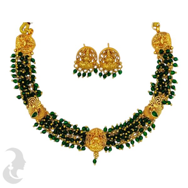 Lakshmi Design Necklace- Green Color Beads- With Lakshmi Studs, Product Code: V-1720