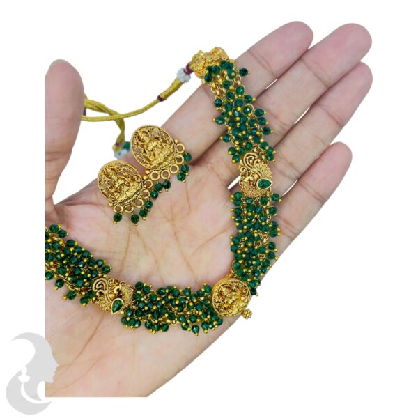 Lakshmi Design Necklace- Green Color Beads- With Lakshmi Studs, Product Code: V-1720 - Image 2