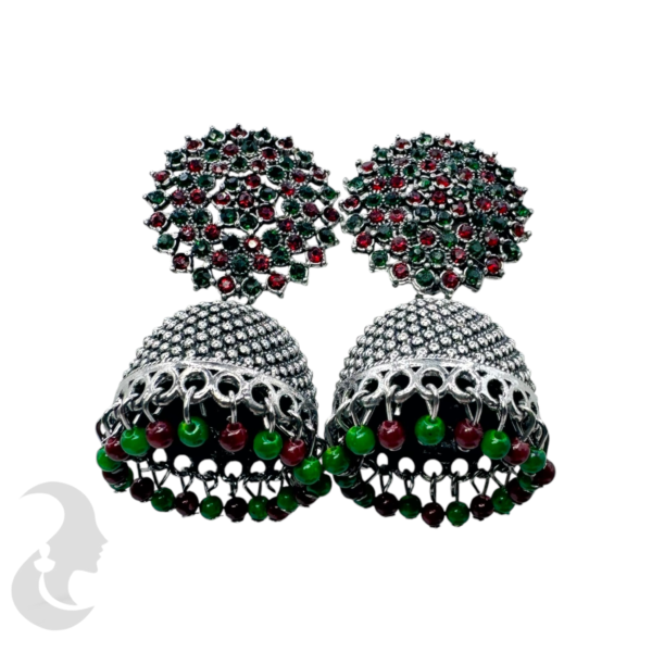 Black Silver Jhumka Set- Ruby & Green Stones, Product Code: V-1721