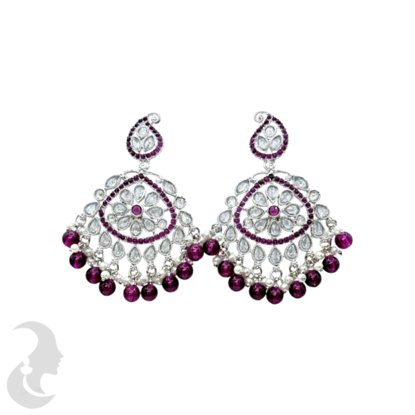 Trendy Silver Earrings- Mango Design- Dark Purple & White Color Stones & Hangings, Product Code: V-1812