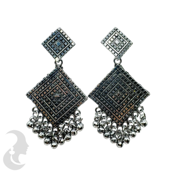 Black Silver Jhumka Set- Diamond Design- SIlver Hangings, Product Code: V-1723