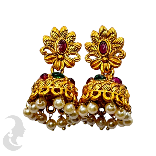 Gold Plated Jhumka Set- Ruby & Green Color Stones, Product Code: V-1724