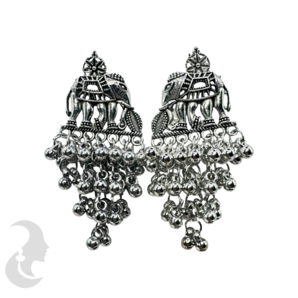 Black Silver Jhumkas Set- Elephant Design- Silver Hangings, Product Code: V-1729