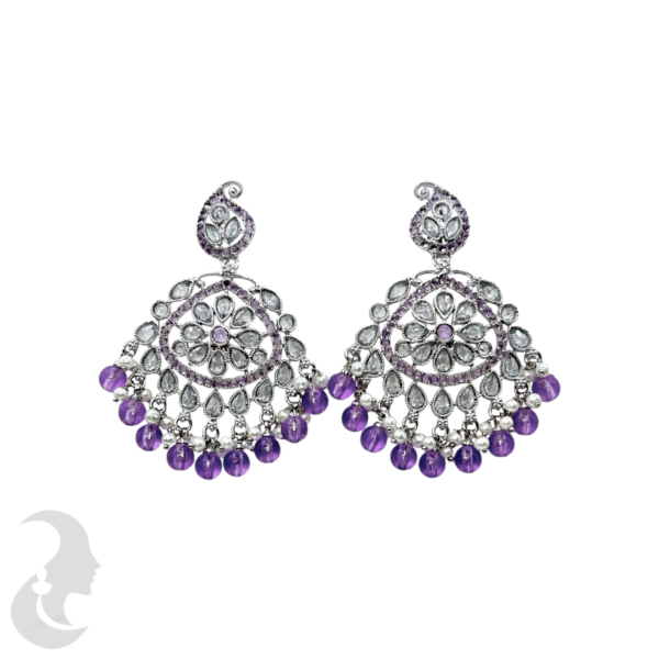 Trendy Silver Earrings- Mango Design- Light Purple & White Color Stones & Hangings, Product Code: V-1813