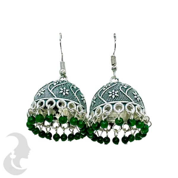 Green Color Silver Plated Hanging Jhumka Set- Green Beads Hangings, Product Code: V-1735