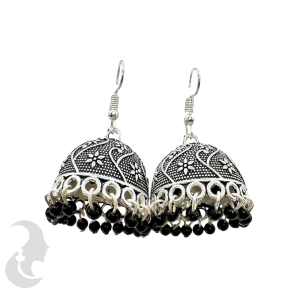 Black Color Silver Plated Hanging Jhumka Set- Black Beads Hangings, Product Code: V-1836