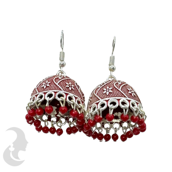 Red Color Silver Plated Hanging Jhumka Set- Red Beads Hangings, Product Code: V-1837