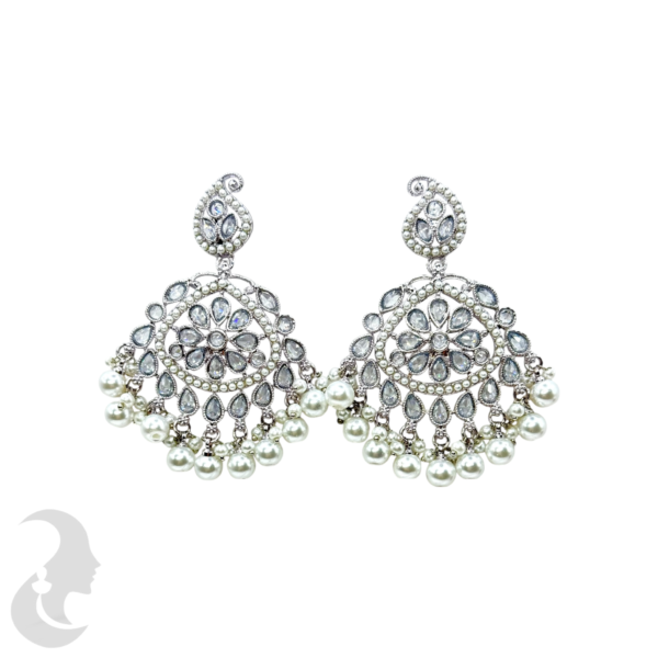 Trendy Silver Earrings- Mango Design- White Color Stones & Hangings, Product Code: V-1814