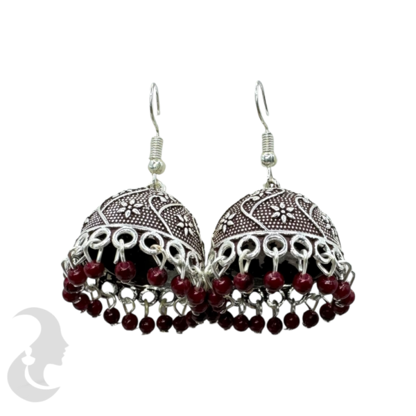 Maroon Color Silver Plated Hanging Jhumka Set- Maroon Beads Hangings, Product Code: V-1838