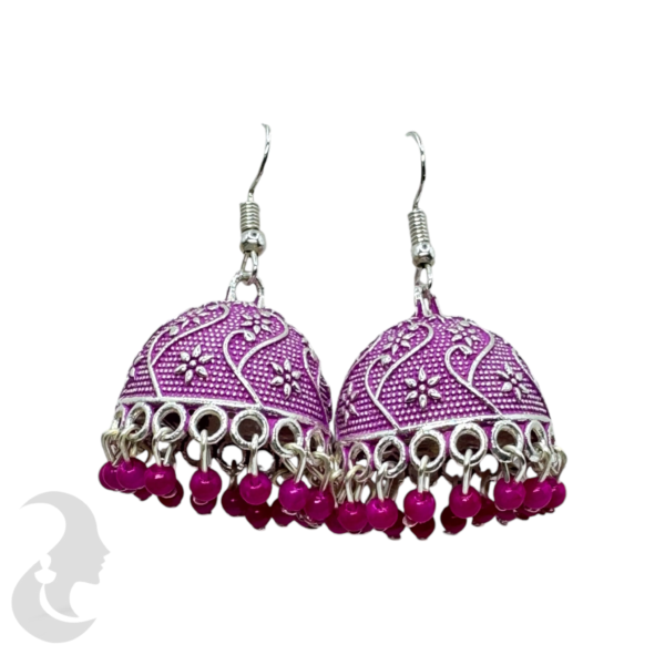 Pink Color Silver Plated Hanging Jhumka Set- Pink Beads Hangings, Product Code: V-1839