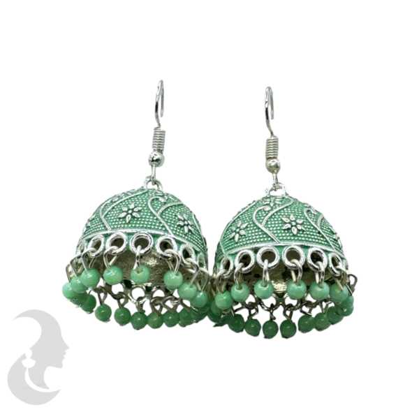 Pista Color Silver Plated Hanging Jhumka Set- Pista Color Beads Hangings, Product Code: V-1840